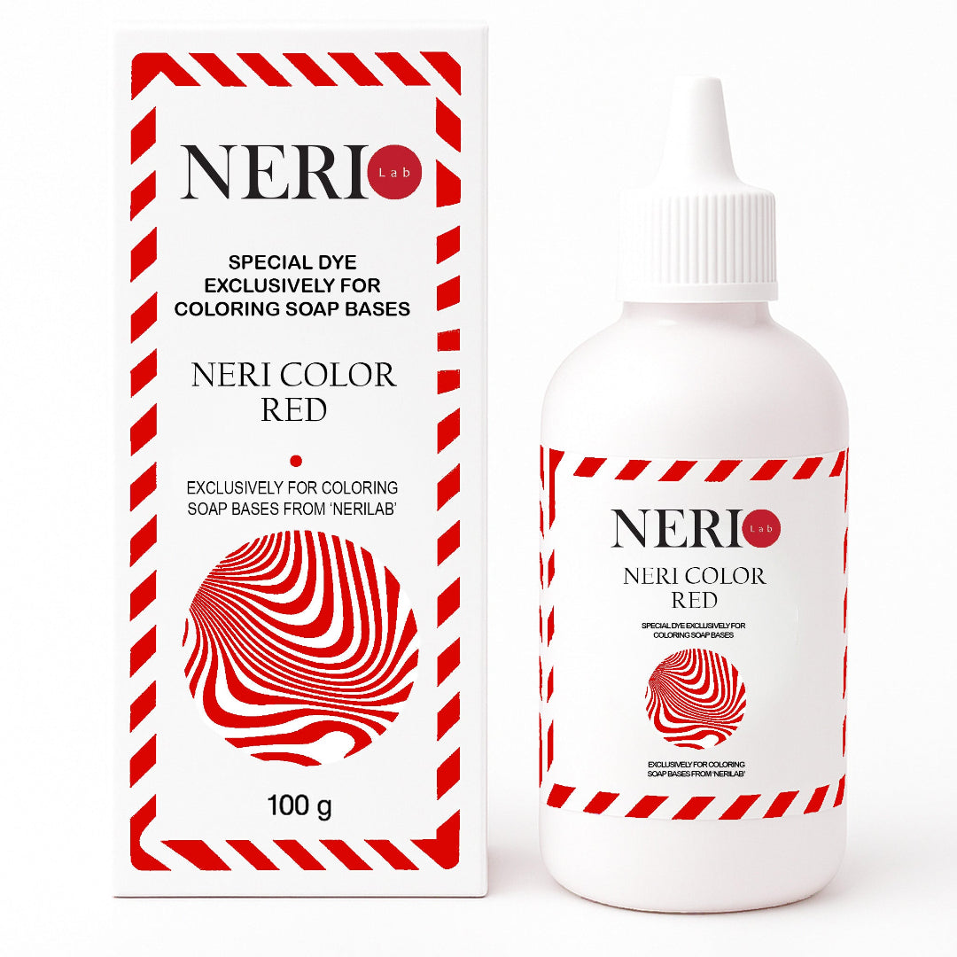 Neri Color Red dye packaging and bottle on a white background